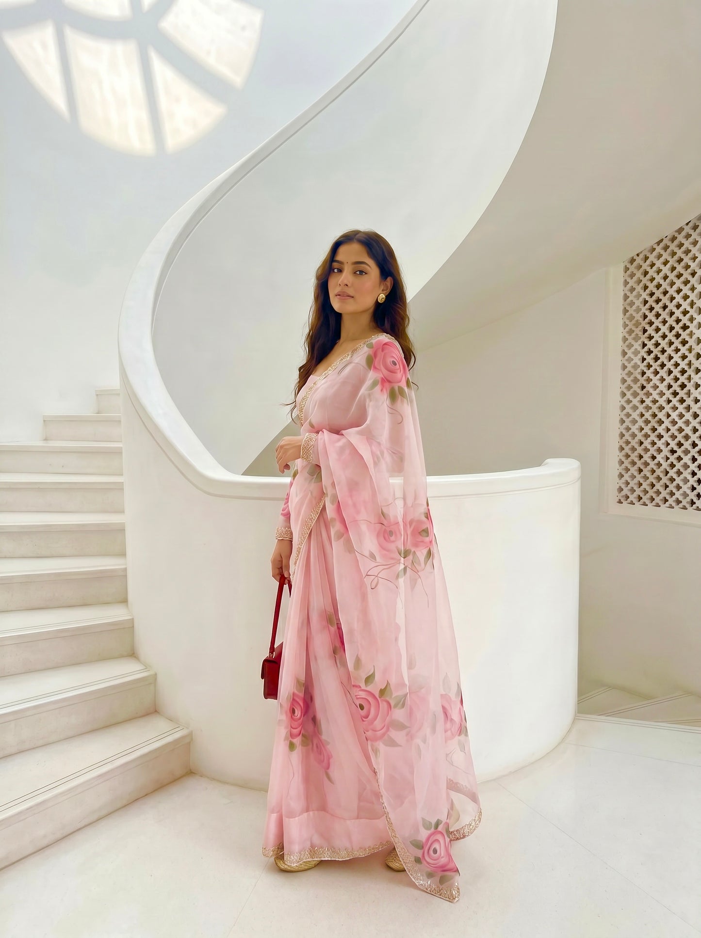 LIGHT PINK HANDPAINTED ORGANZA SAREE