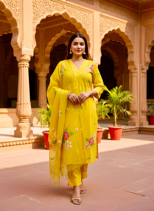 Yellow Handbrush Painted Cotton Kurta , Kota Doria Hand Painted Dupatta & Cotton pants