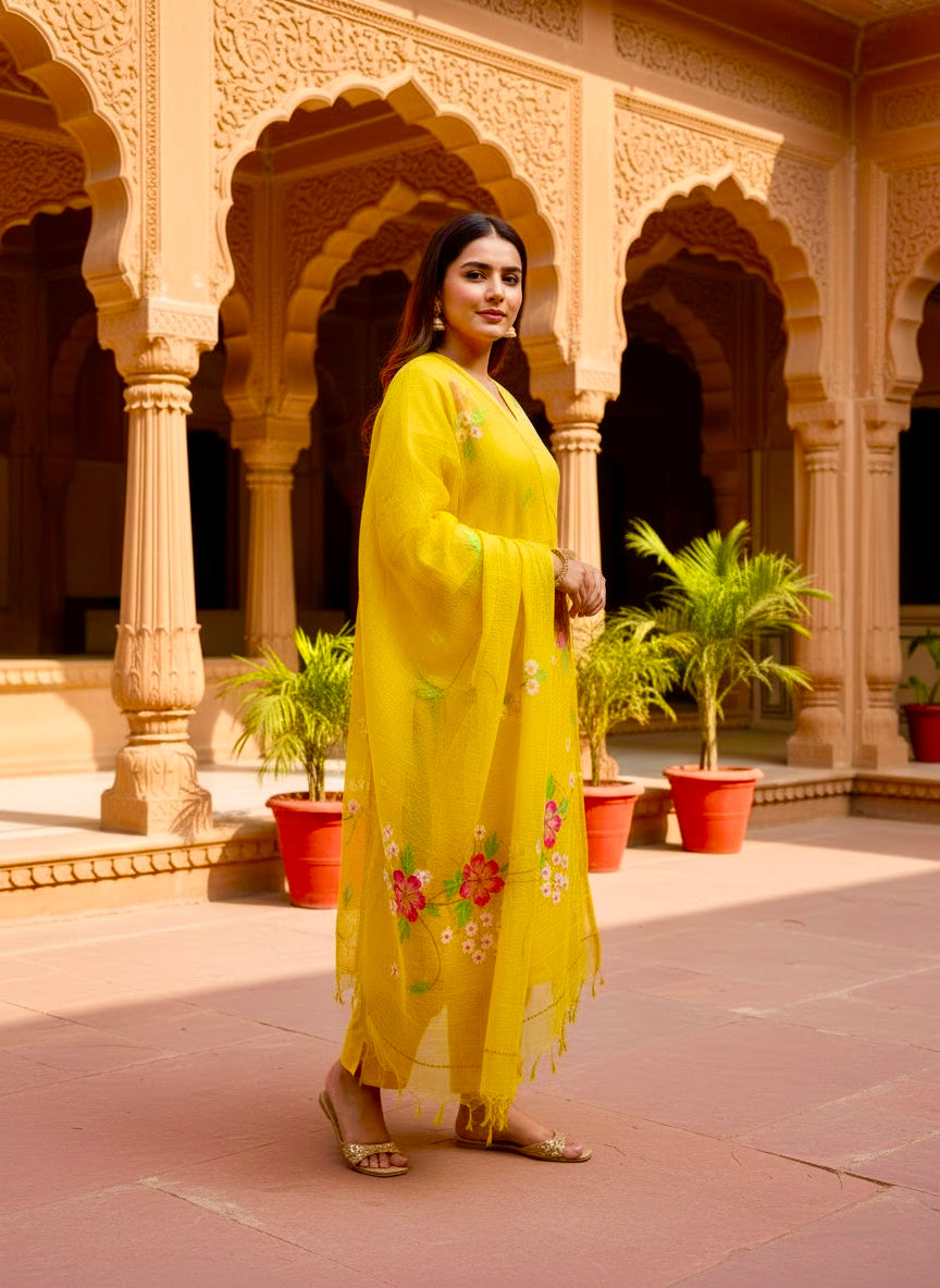 Yellow Handbrush Painted Cotton Kurta , Kota Doria Hand Painted Dupatta & Cotton pants