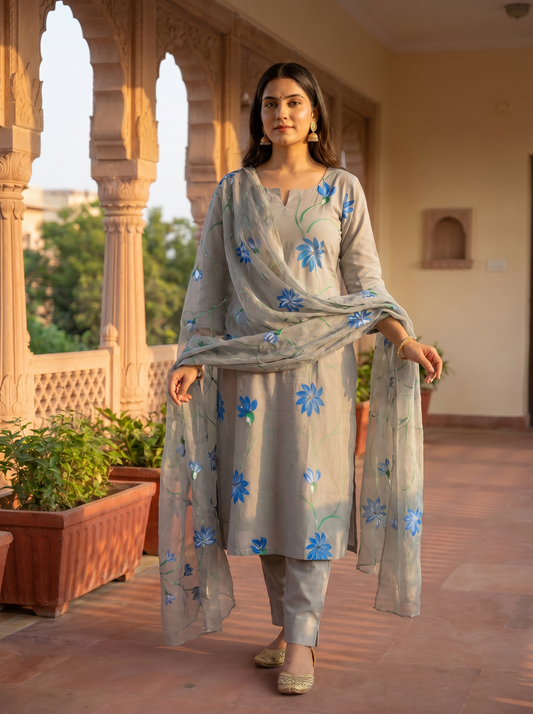 GRAY BLUE HANDBRUSH PAINTED COTTON KURTA , CHIFFON HAND PAINTED DUPATTA & COTTON PANTS
