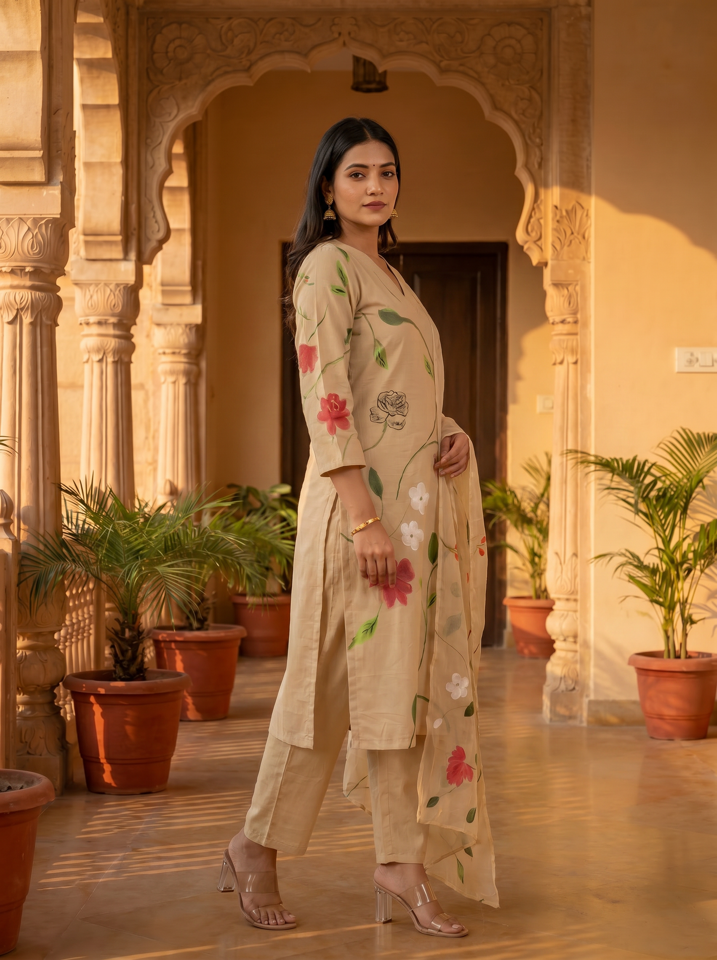 Desert Bloom Soft Beige Hand Brush Painted Cotton Kurta, Pant & Hand Painted Chiffon Dupatta