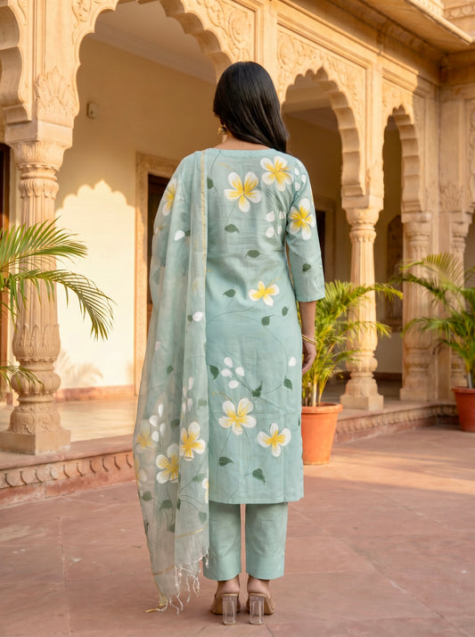 Sea Blue Hand Brush Painted Cotton Kurta, Pant & Hand Painted Chiffon Dupatta
