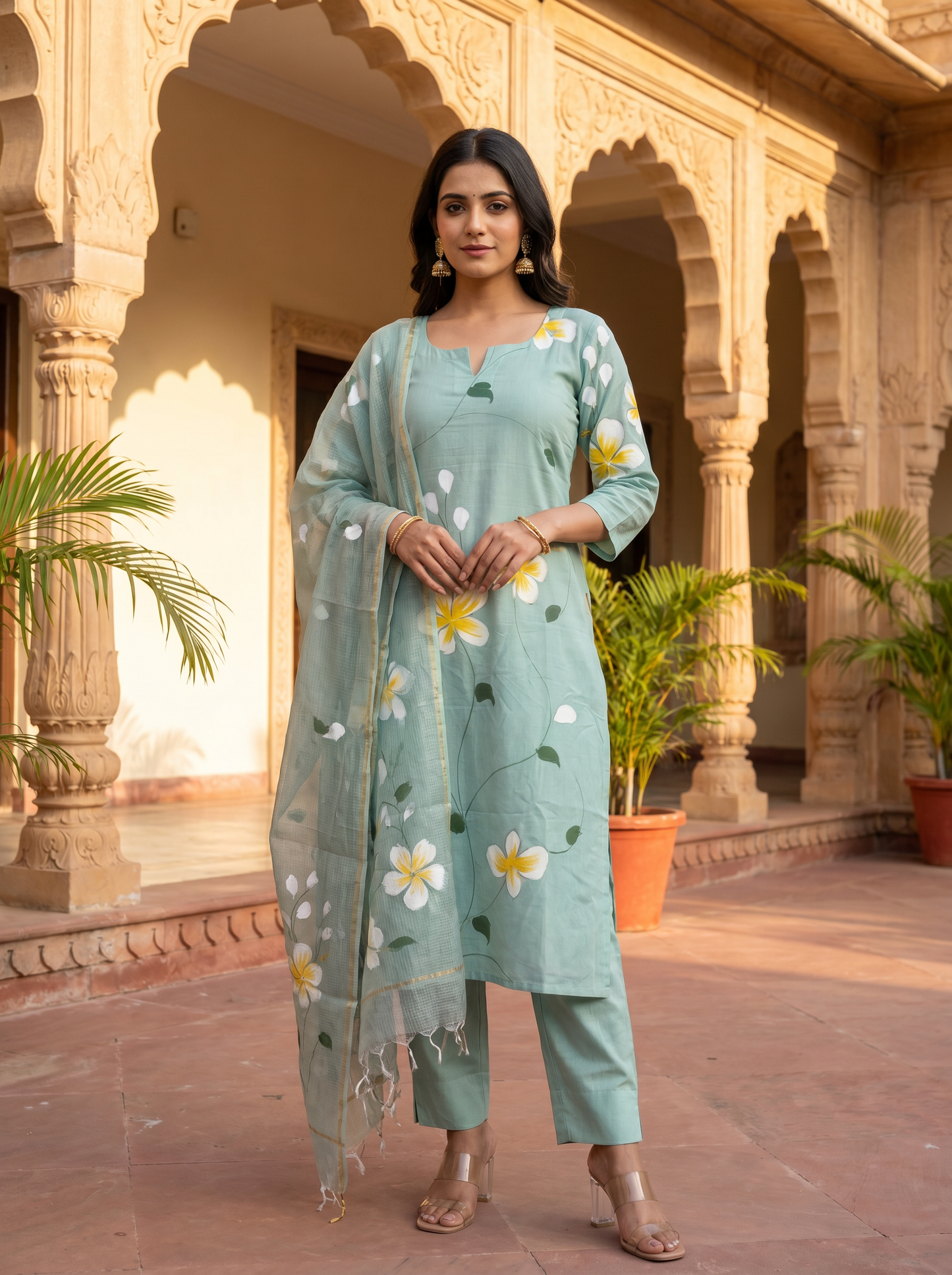 Sea Blue Hand Brush Painted Cotton Kurta, Pant & Hand Painted Chiffon Dupatta