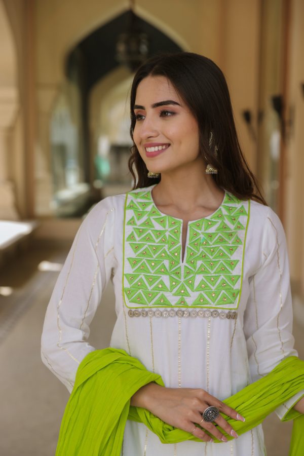 Pea Green Embroidered Suit Set