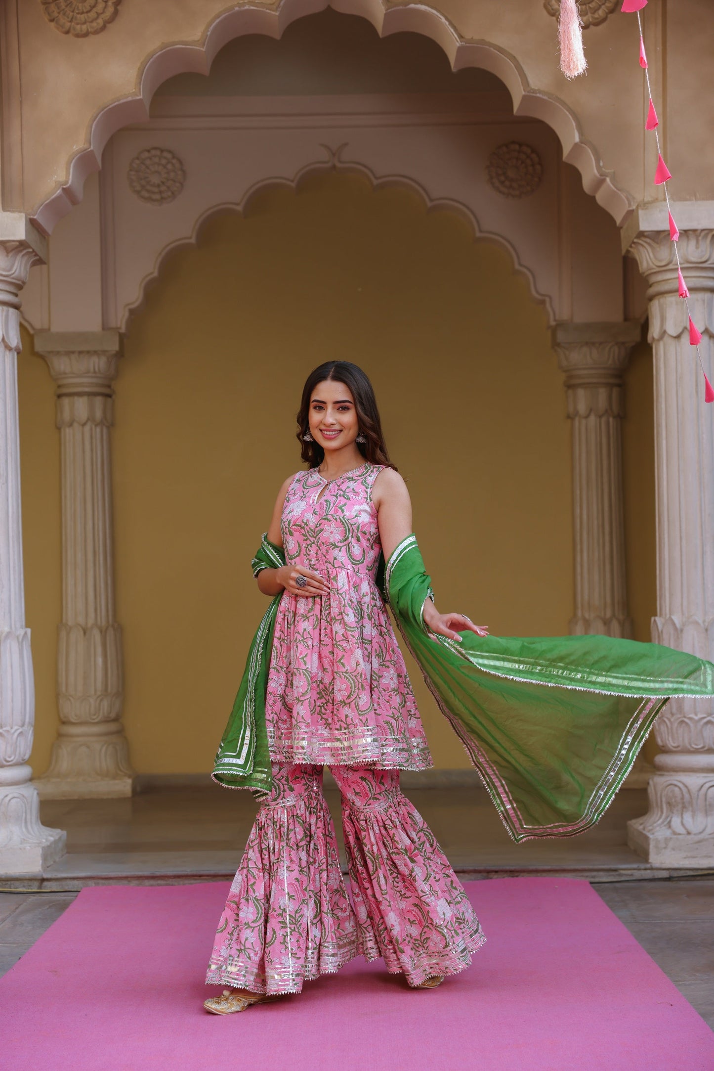 Rose Pink Handblock Gota Sharara Set
