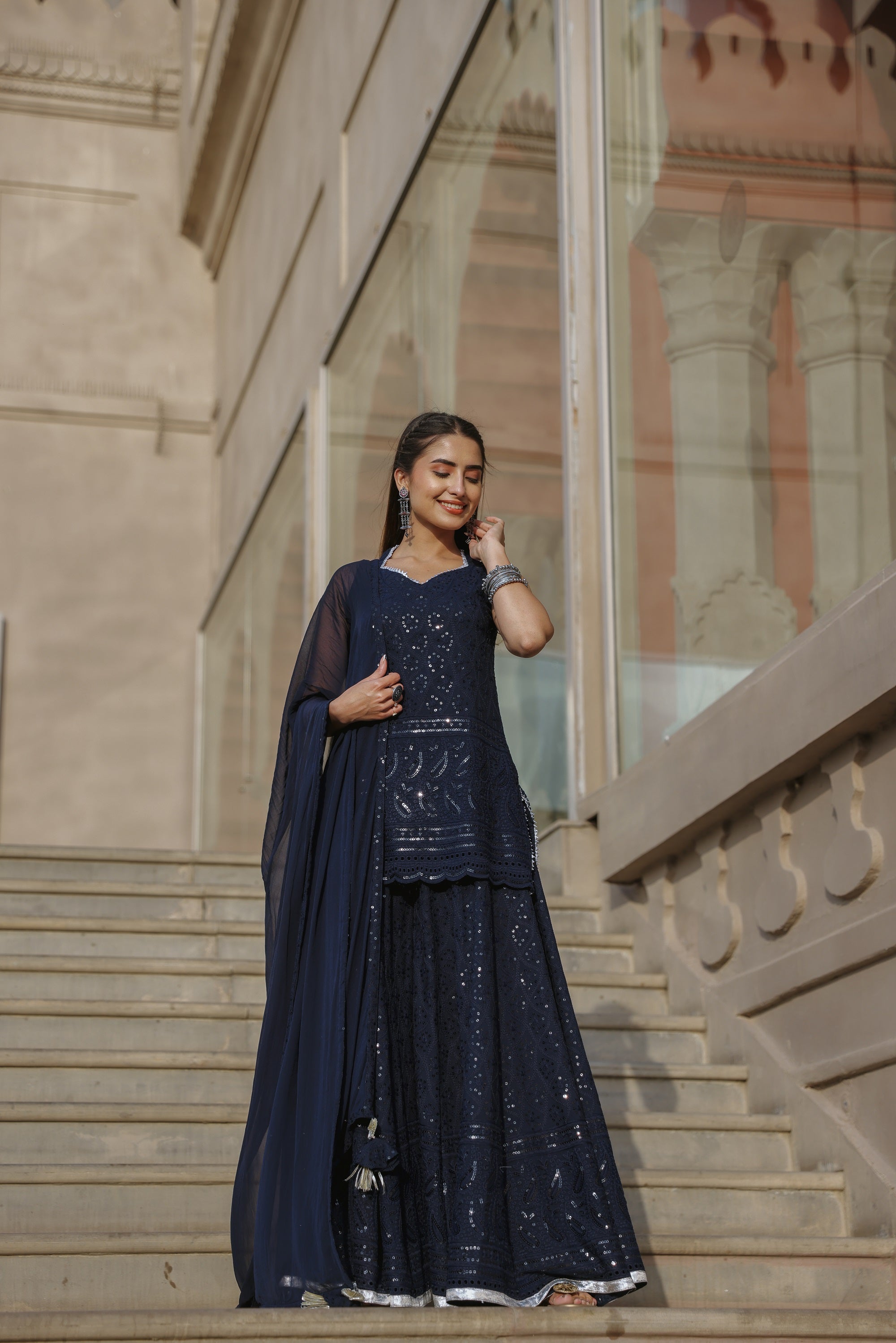Space Blue Embroidered Sharara Set