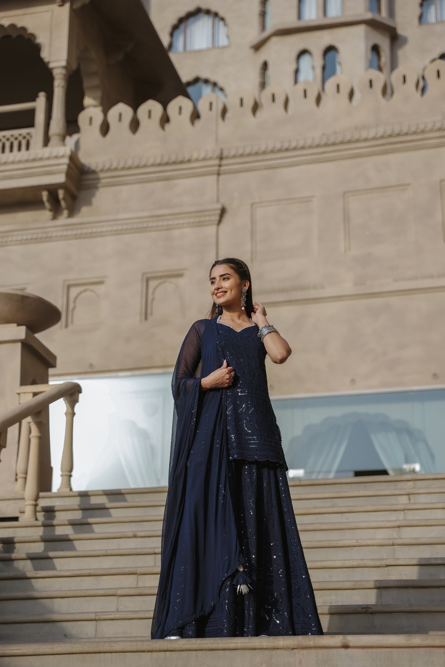 Space Blue Embroidered Sharara Set