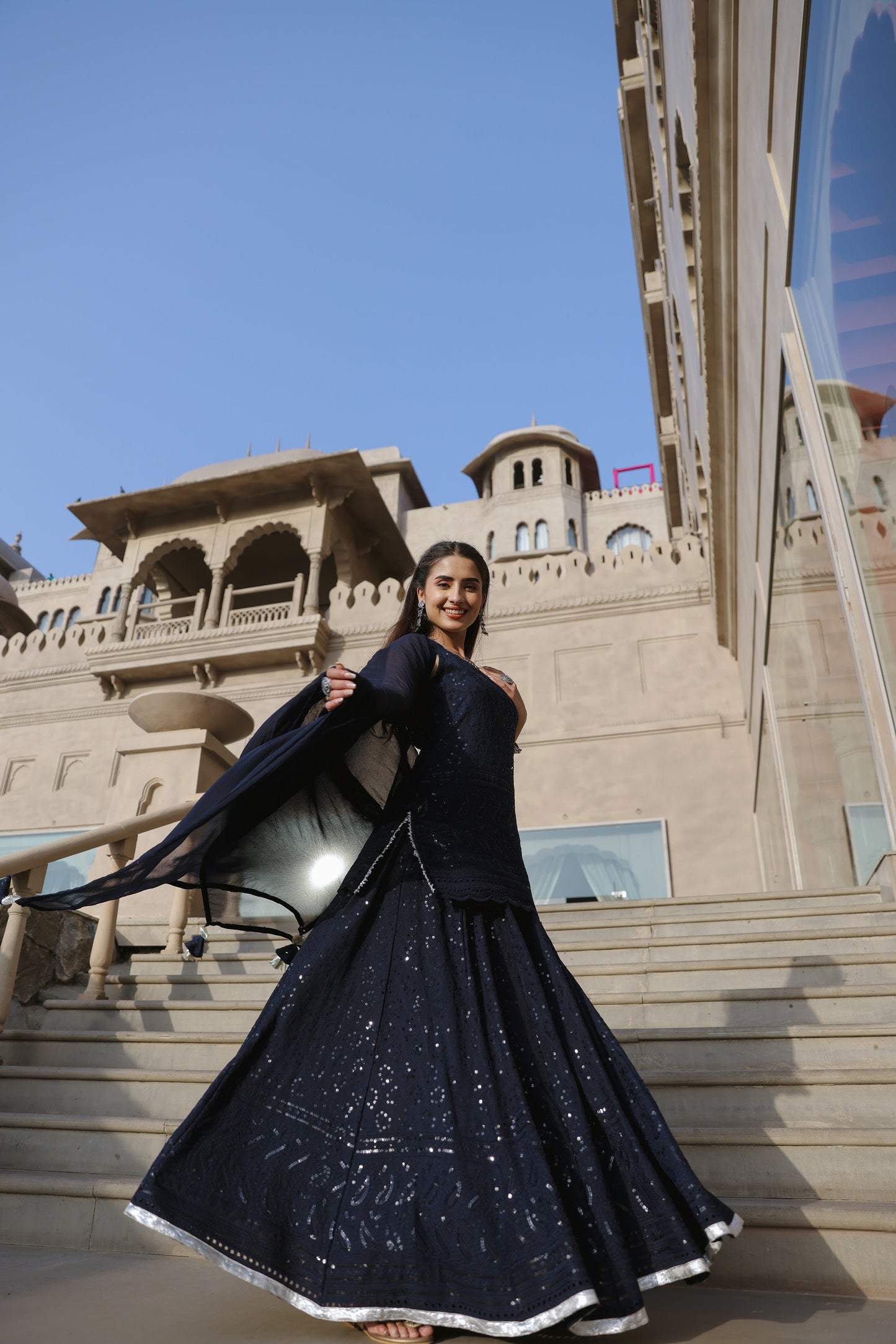 Space Blue Embroidered Sharara Set