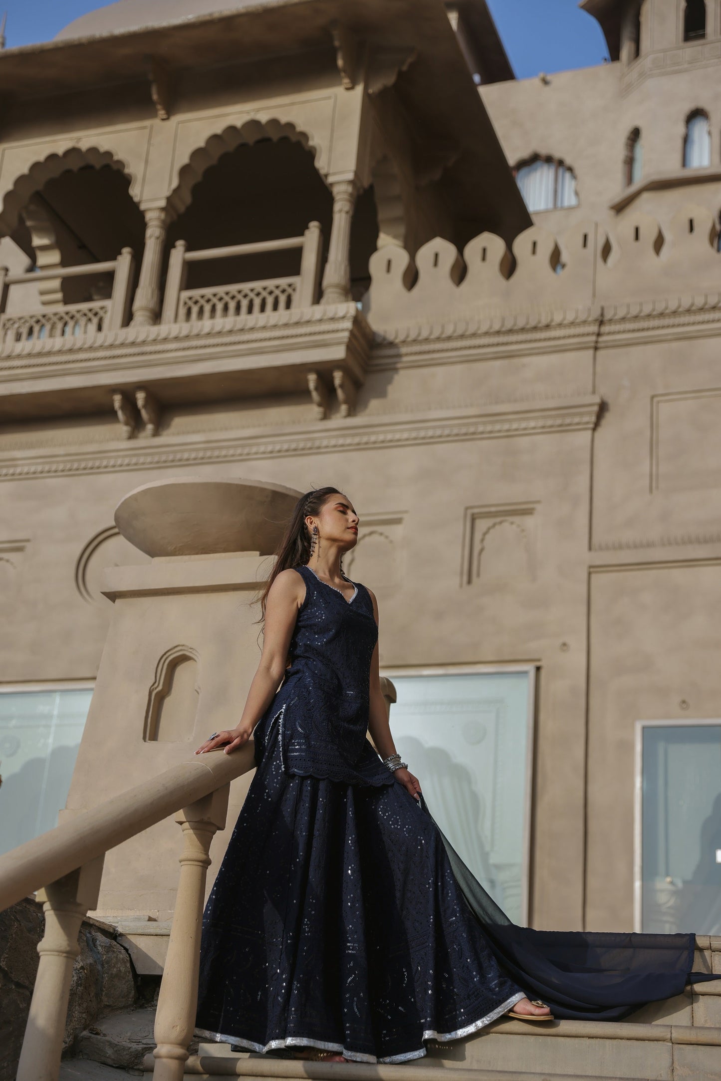 Space Blue Embroidered Sharara Set