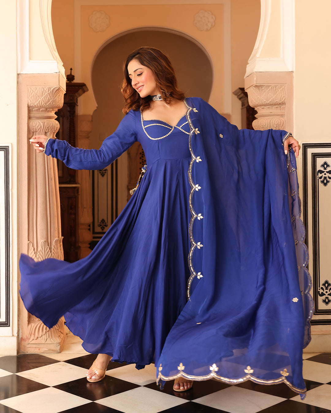 Navy Blue Mirror Work Dupatta Anarkali Suit Set