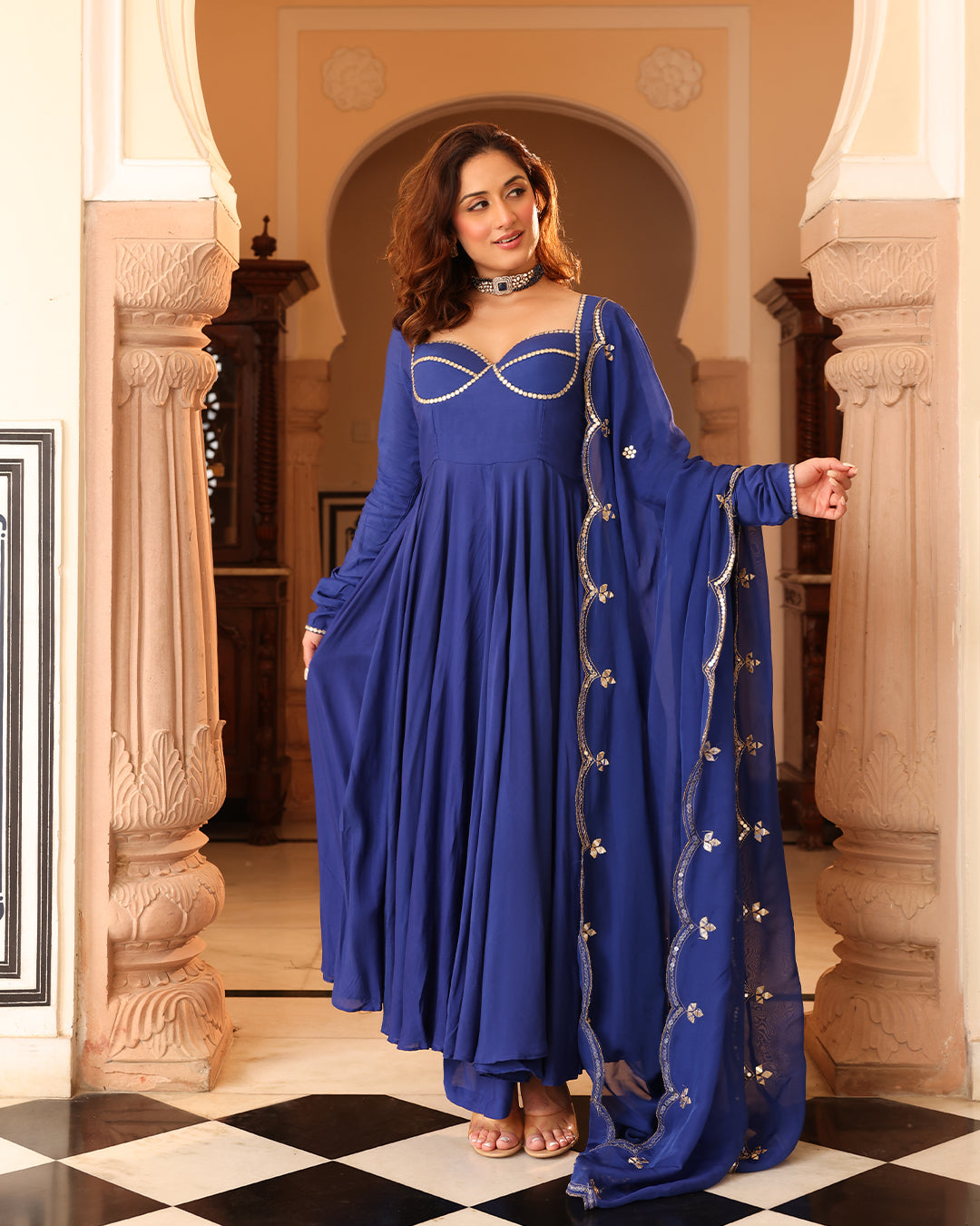 Navy Blue Mirror Work Dupatta Anarkali Suit Set