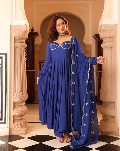 Navy Blue Mirror Work Dupatta Anarkali Suit Set