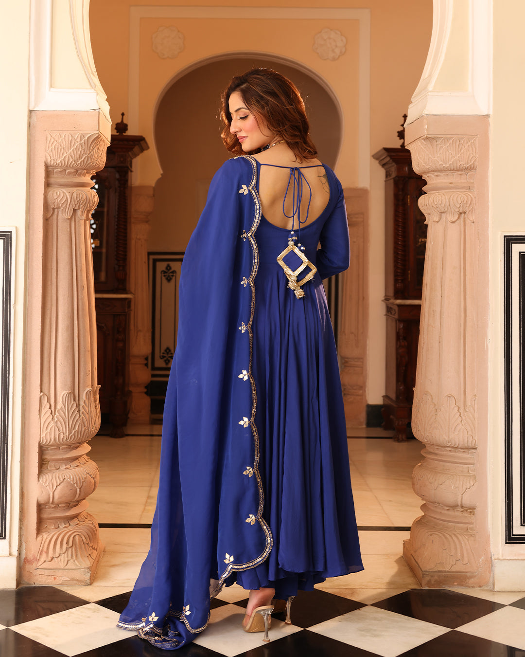 Navy Blue Mirror Work Dupatta Anarkali Suit Set