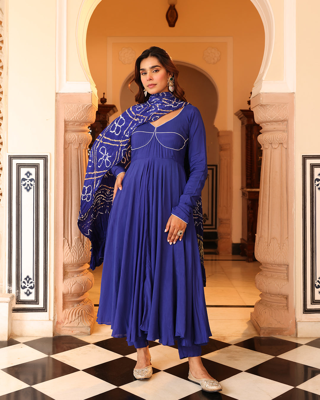Blue Bandhej Anarkali Suit Set