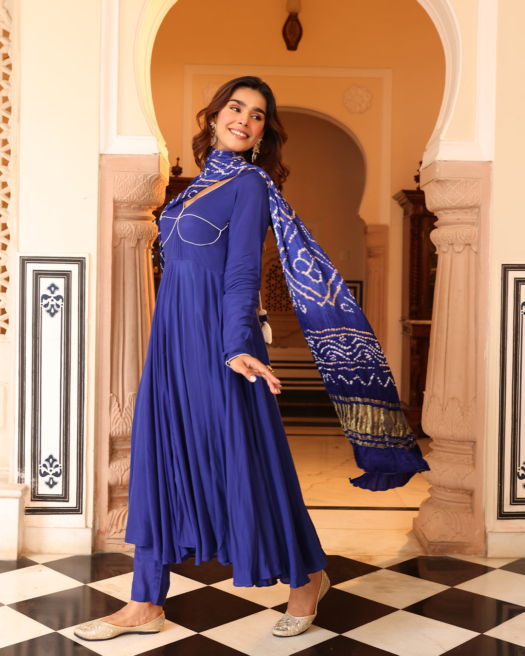 Blue Bandhej Anarkali Suit Set