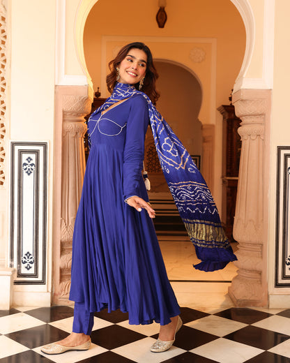 Blue Bandhej Anarkali Suit Set