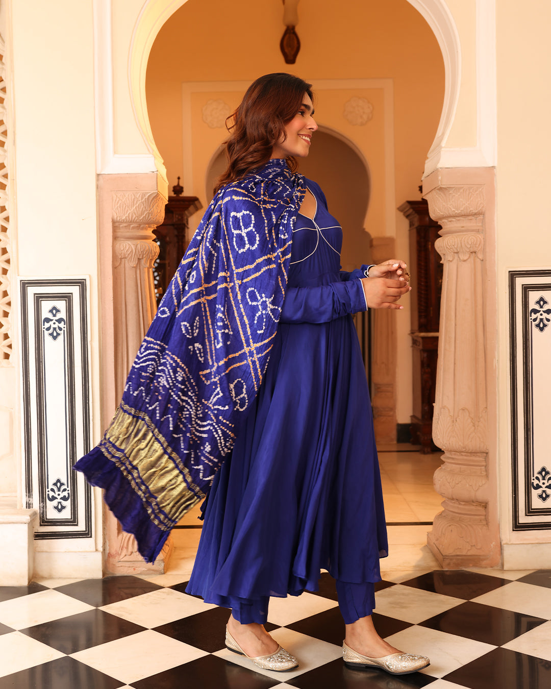 Blue Bandhej Anarkali Suit Set