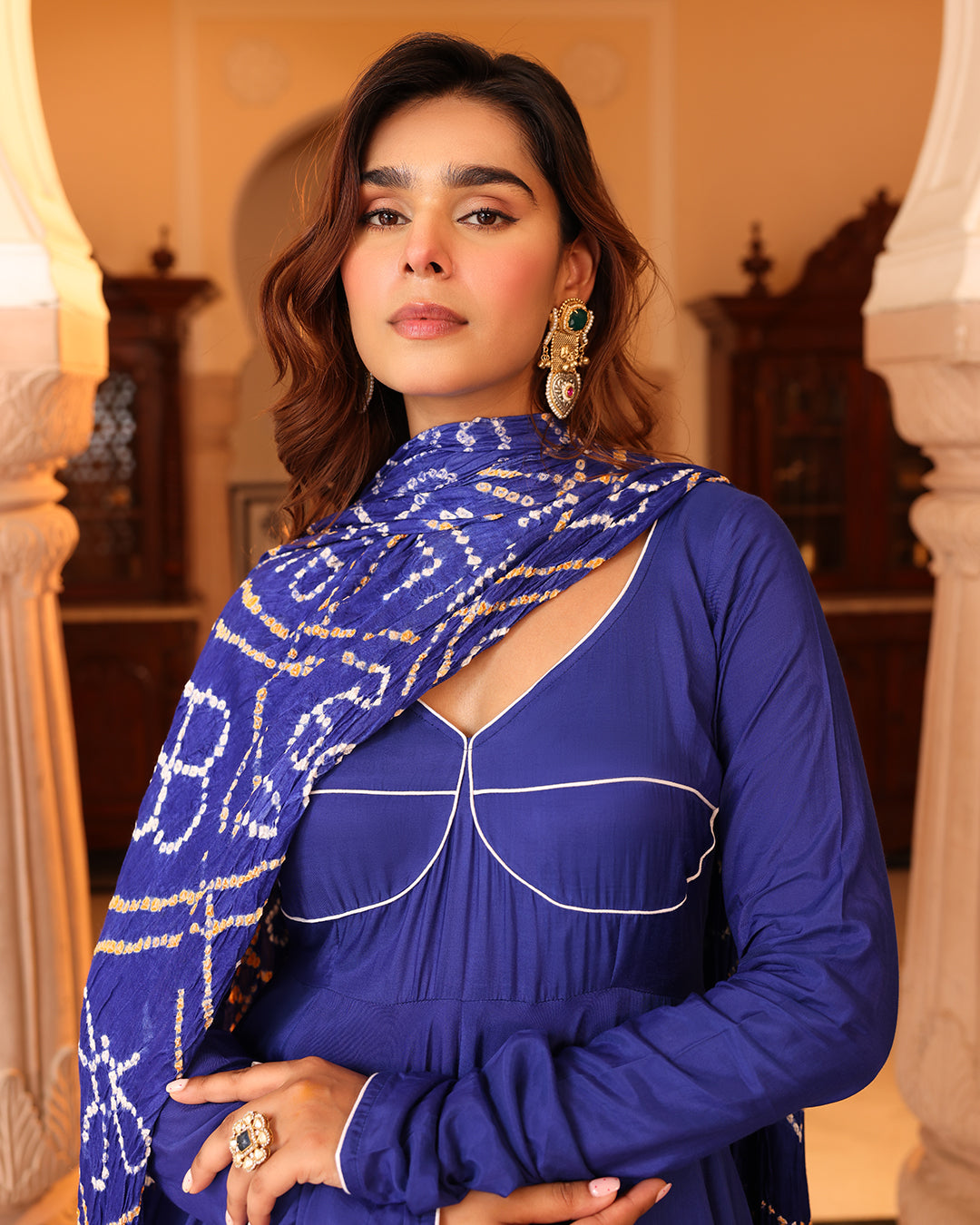 Blue Bandhej Anarkali Suit Set