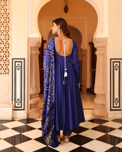 Blue Bandhej Anarkali Suit Set