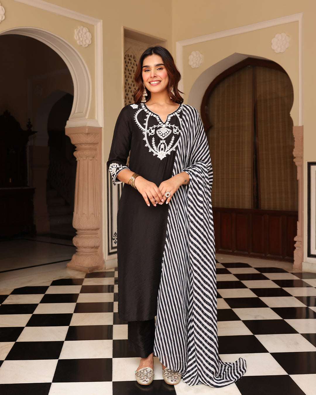 Black Leheriya Straight Kurta Set