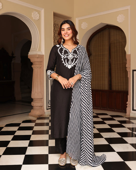 Black Leheriya Straight Kurta Set