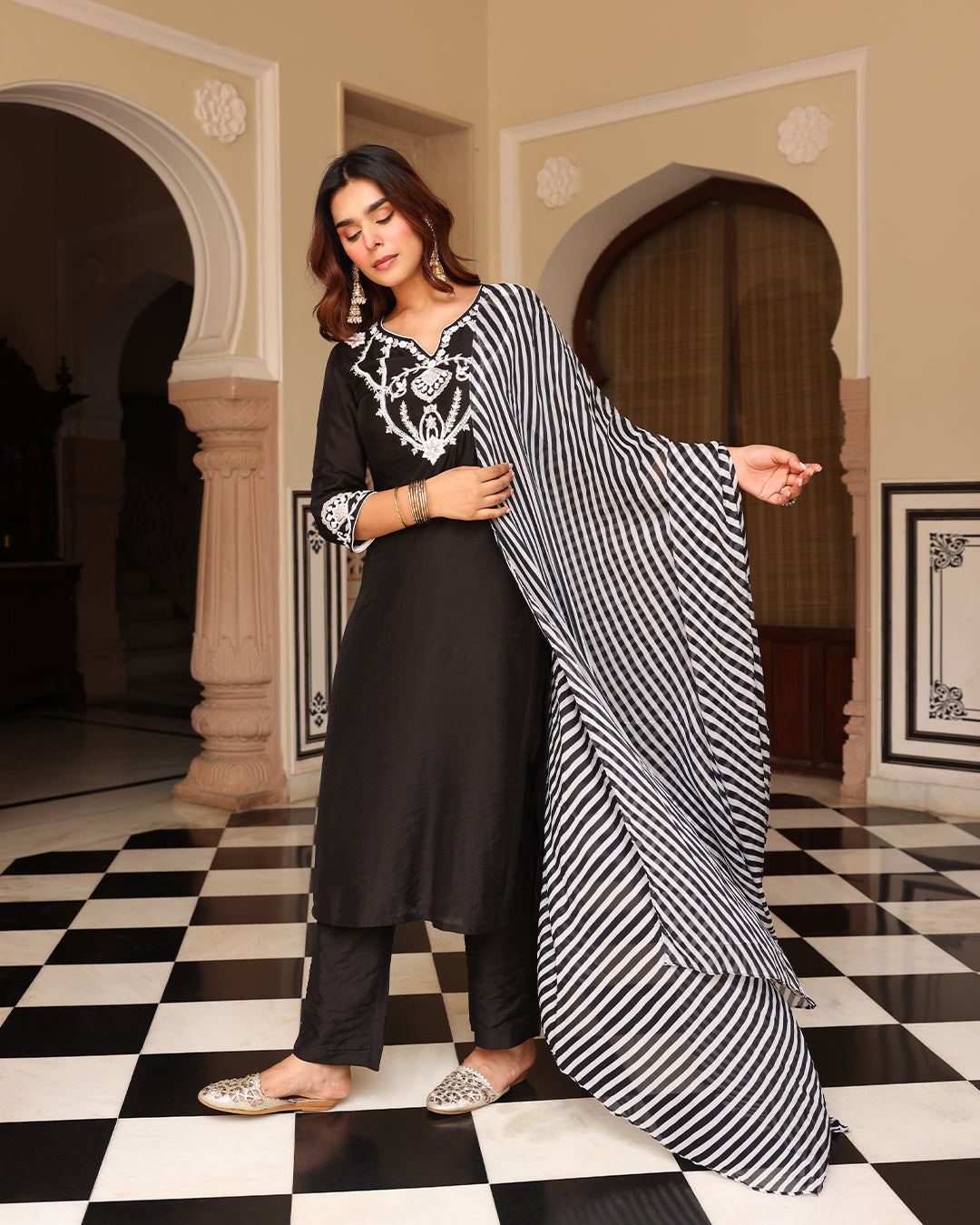 Black Leheriya Straight Kurta Set