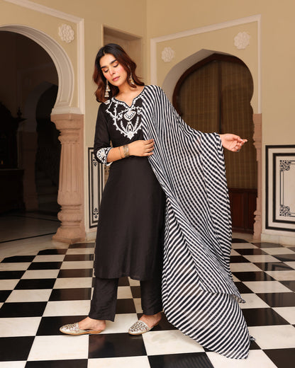 Black Leheriya Straight Kurta Set