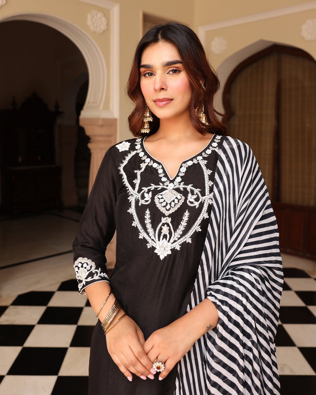 Black Leheriya Straight Kurta Set