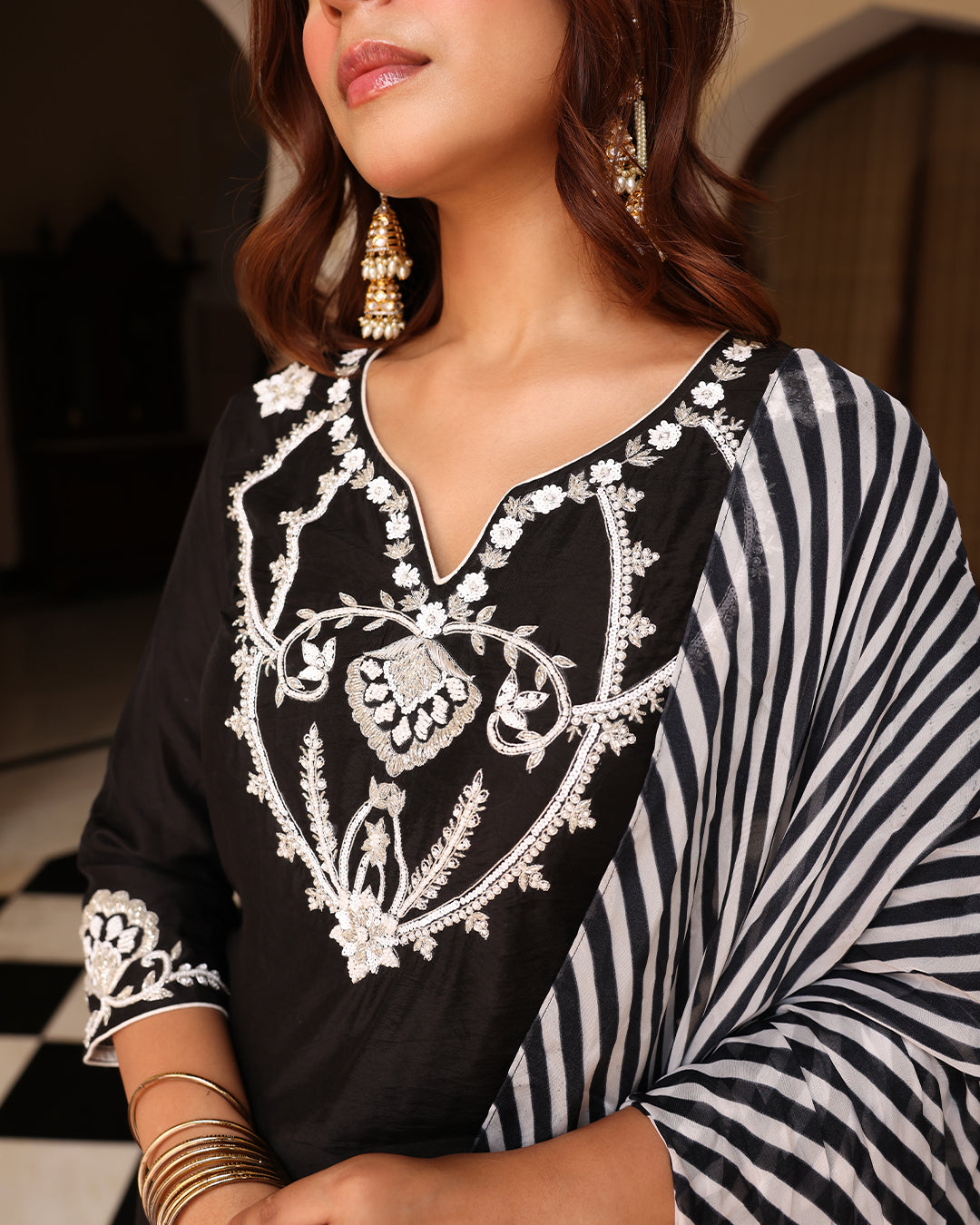 Black Leheriya Straight Kurta Set