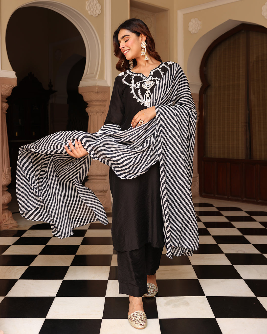 Black Leheriya Straight Kurta Set
