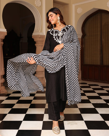 Black Leheriya Straight Kurta Set