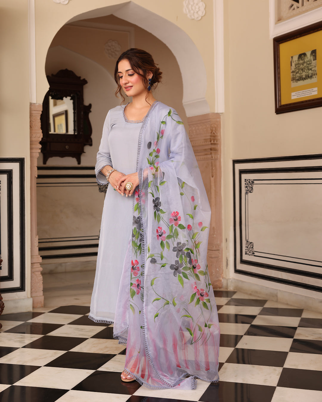 Gray Handpainted Straight Kurta Set
