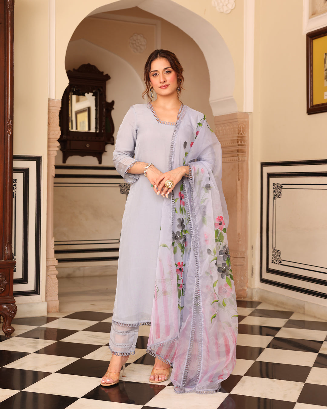 Gray Handpainted Straight Kurta Set