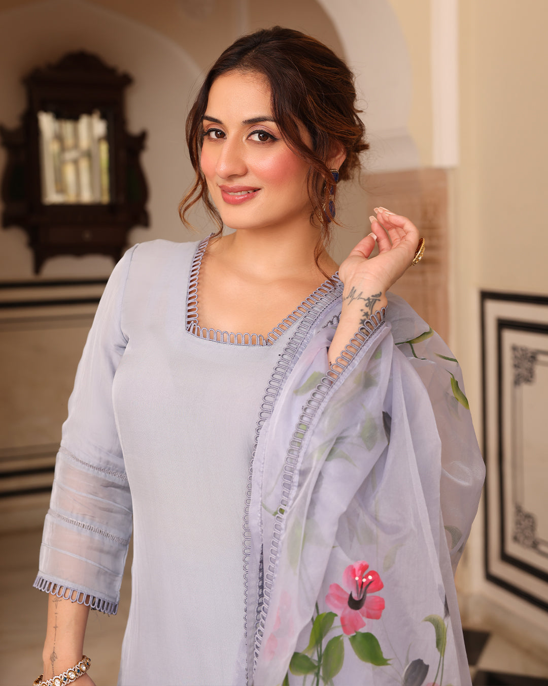 Gray Handpainted Straight Kurta Set