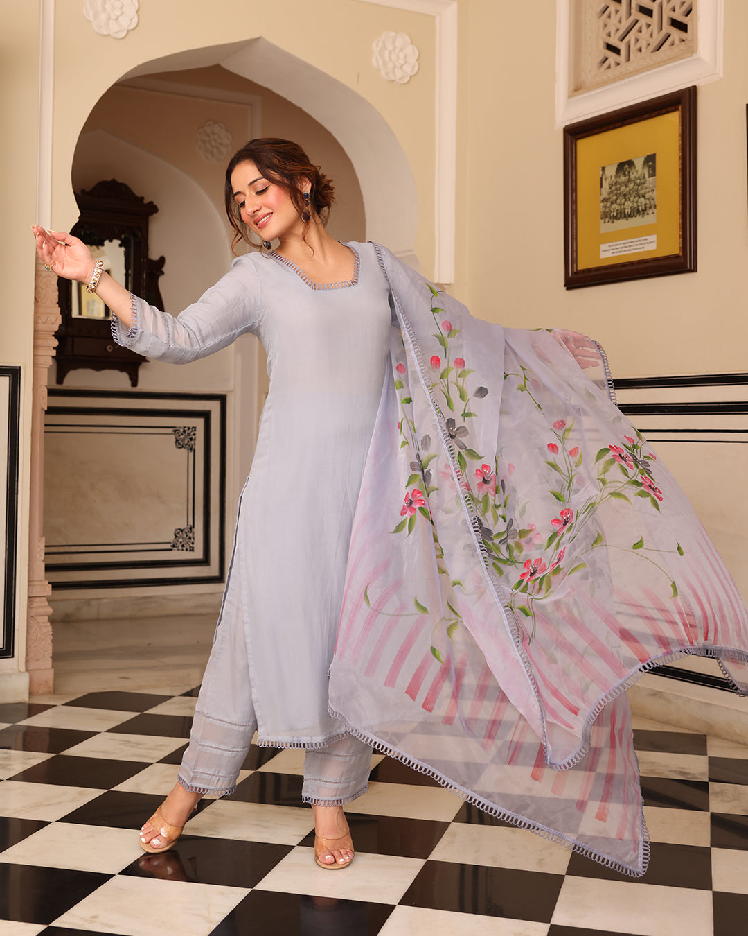 Gray Handpainted Straight Kurta Set