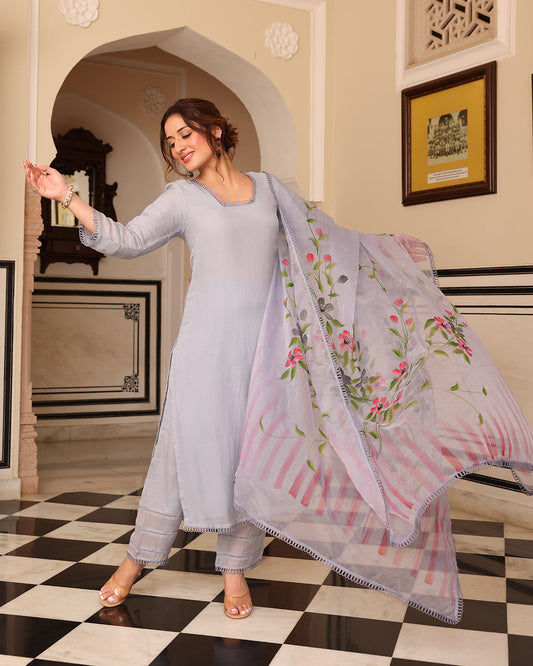Gray Handpainted Straight Kurta Set