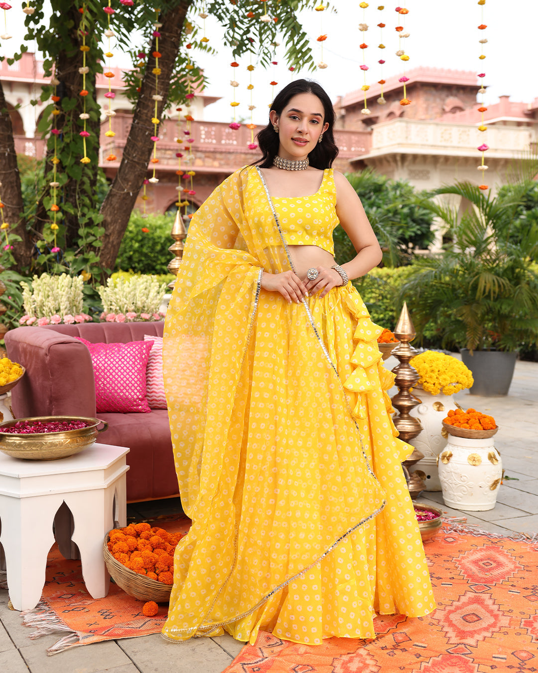 Vivaah Yellow Bandhej Lehenga