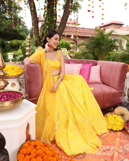 Vivaah Yellow Bandhej Lehenga