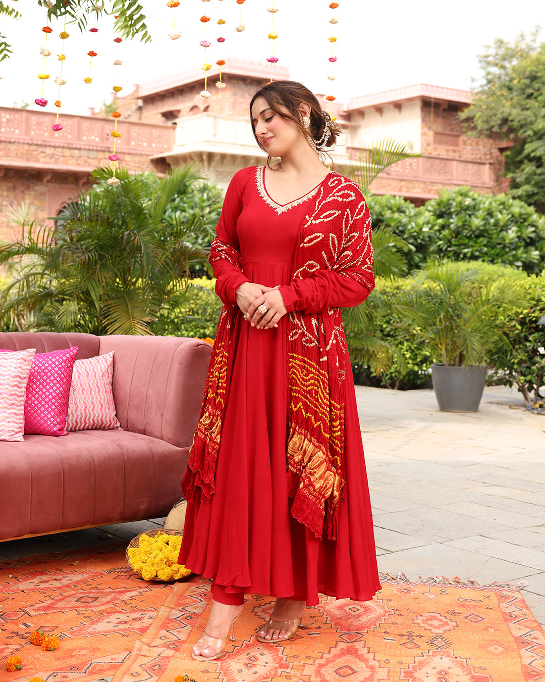 Maroon Bandhej Anarkali Suit Set