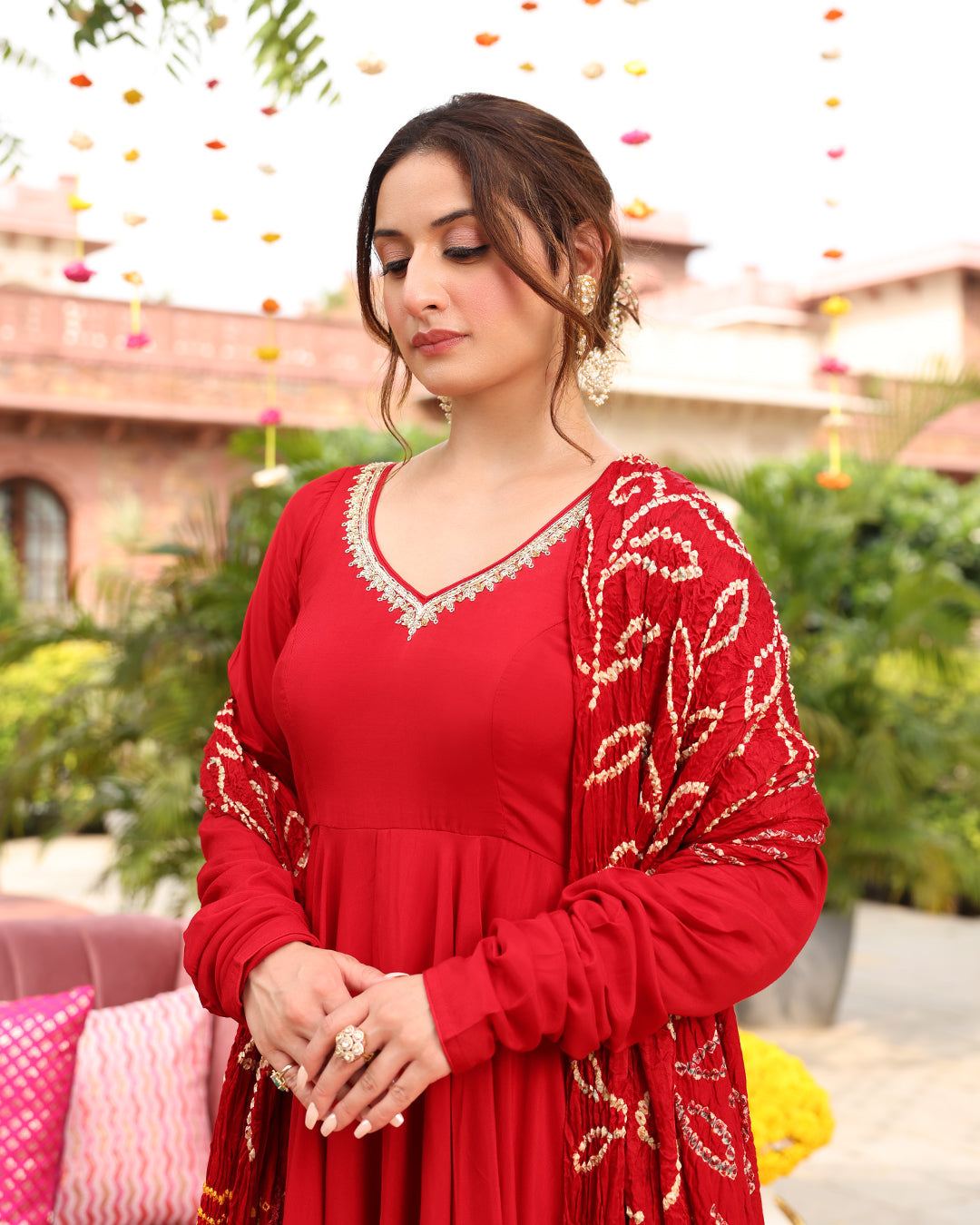 Maroon Bandhej Anarkali Suit Set