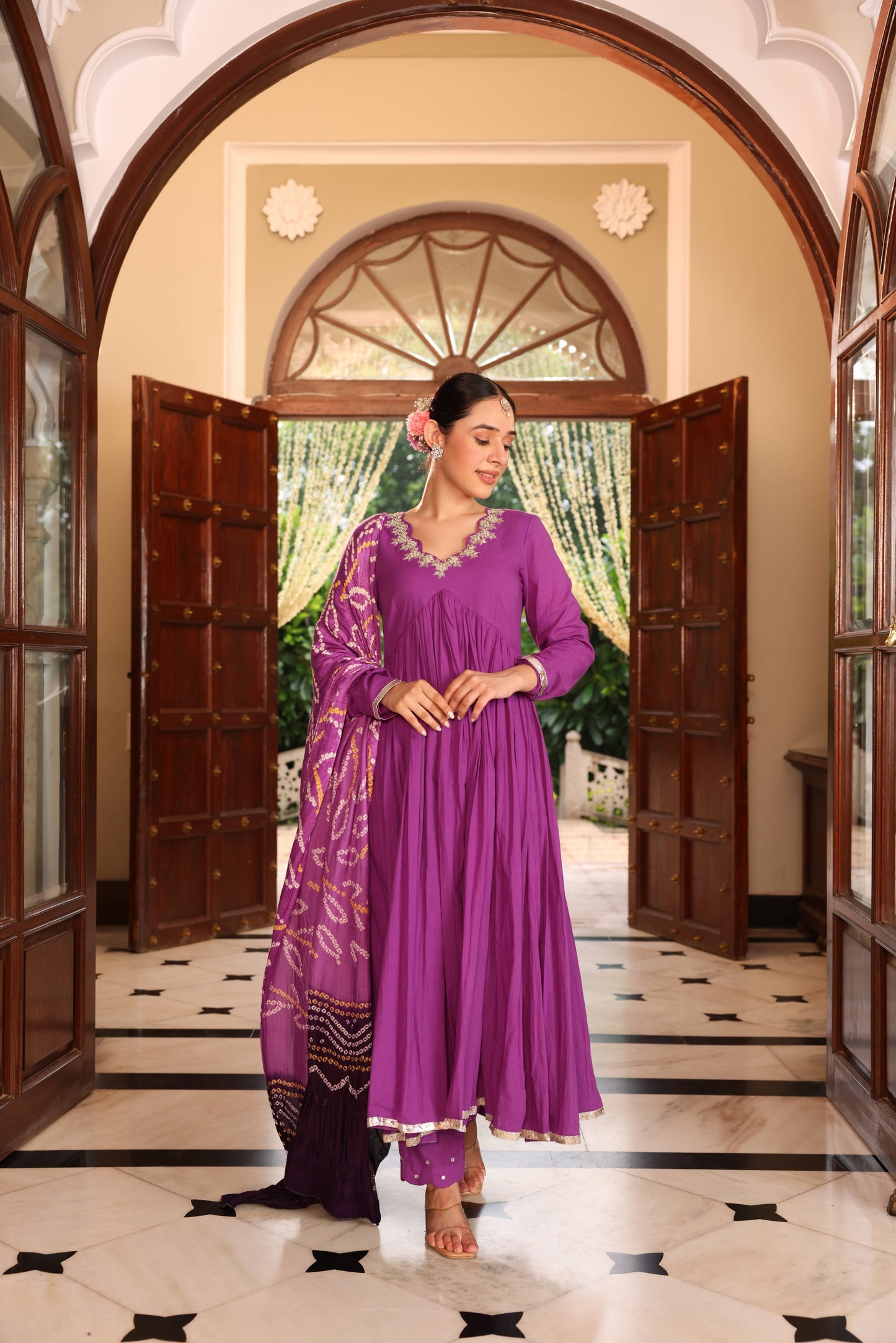 Dark Purple Bandhej Anarkali Suit Set