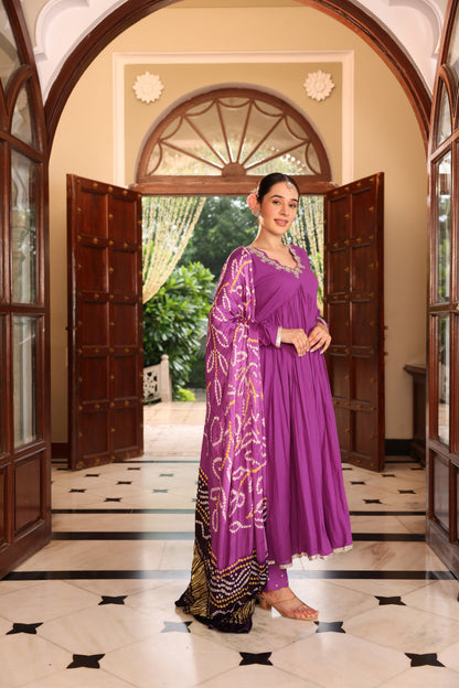 Dark Purple Bandhej Anarkali Suit Set