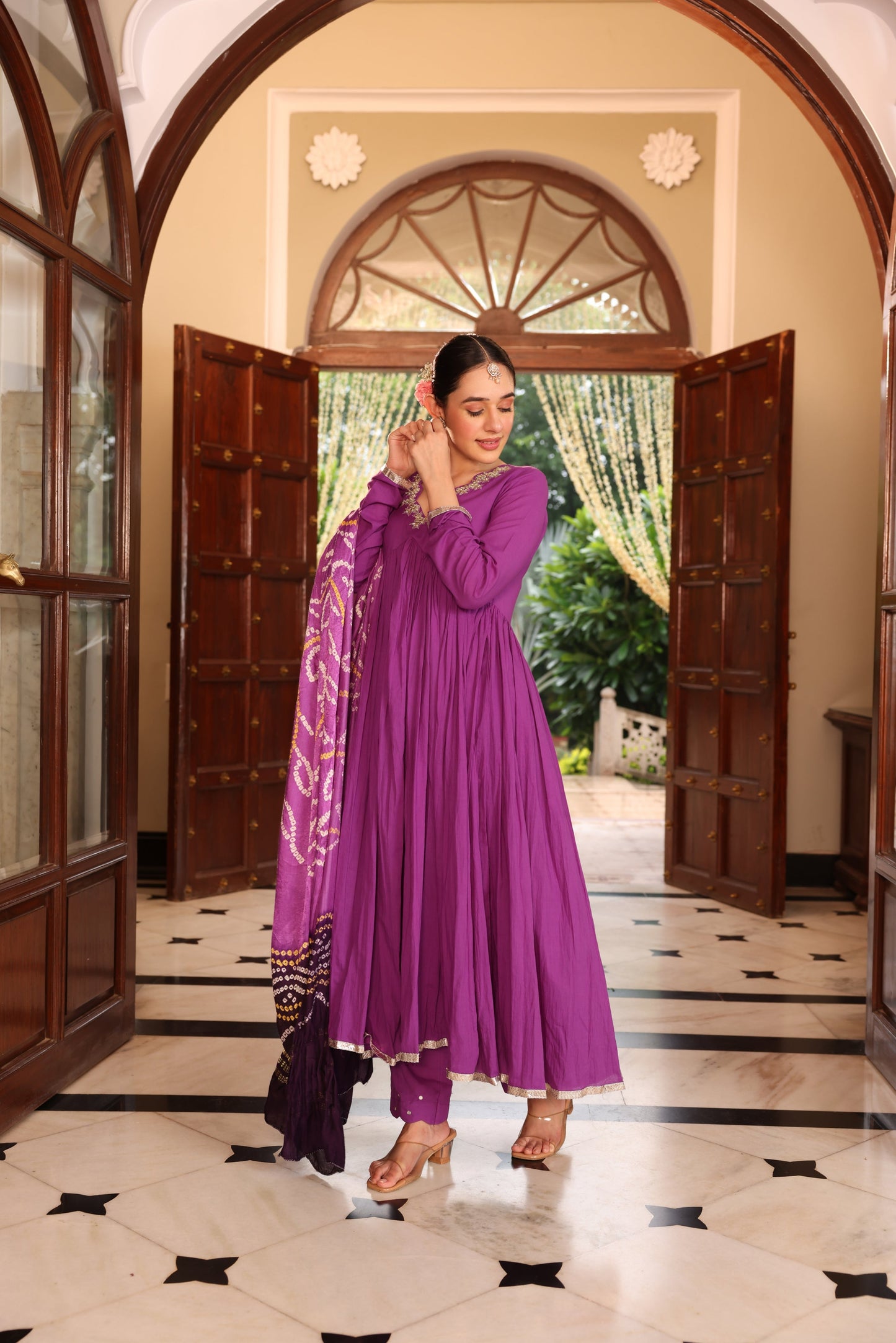 Dark Purple Bandhej Anarkali Suit Set