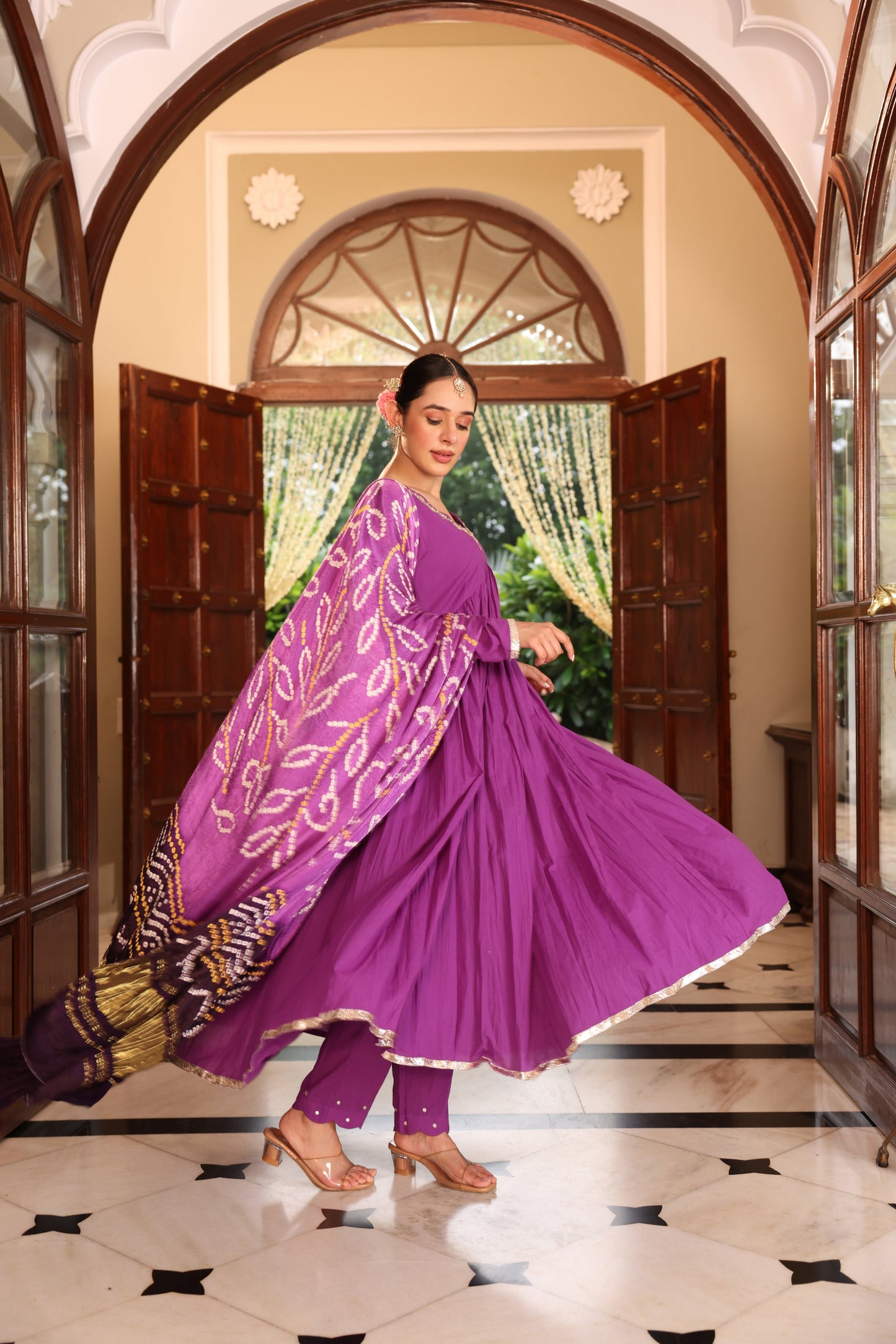 Dark Purple Bandhej Anarkali Suit Set