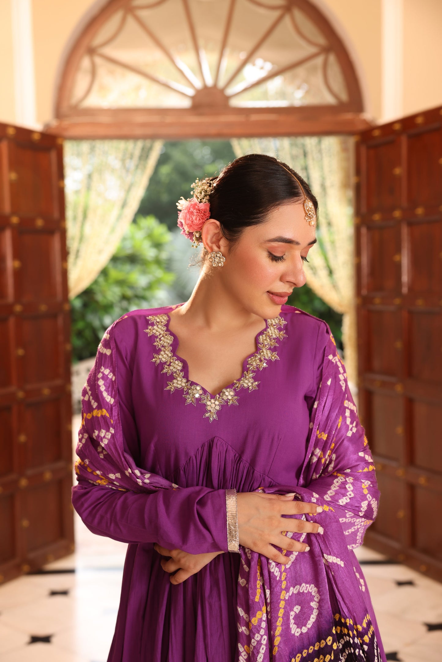 Dark Purple Bandhej Anarkali Suit Set