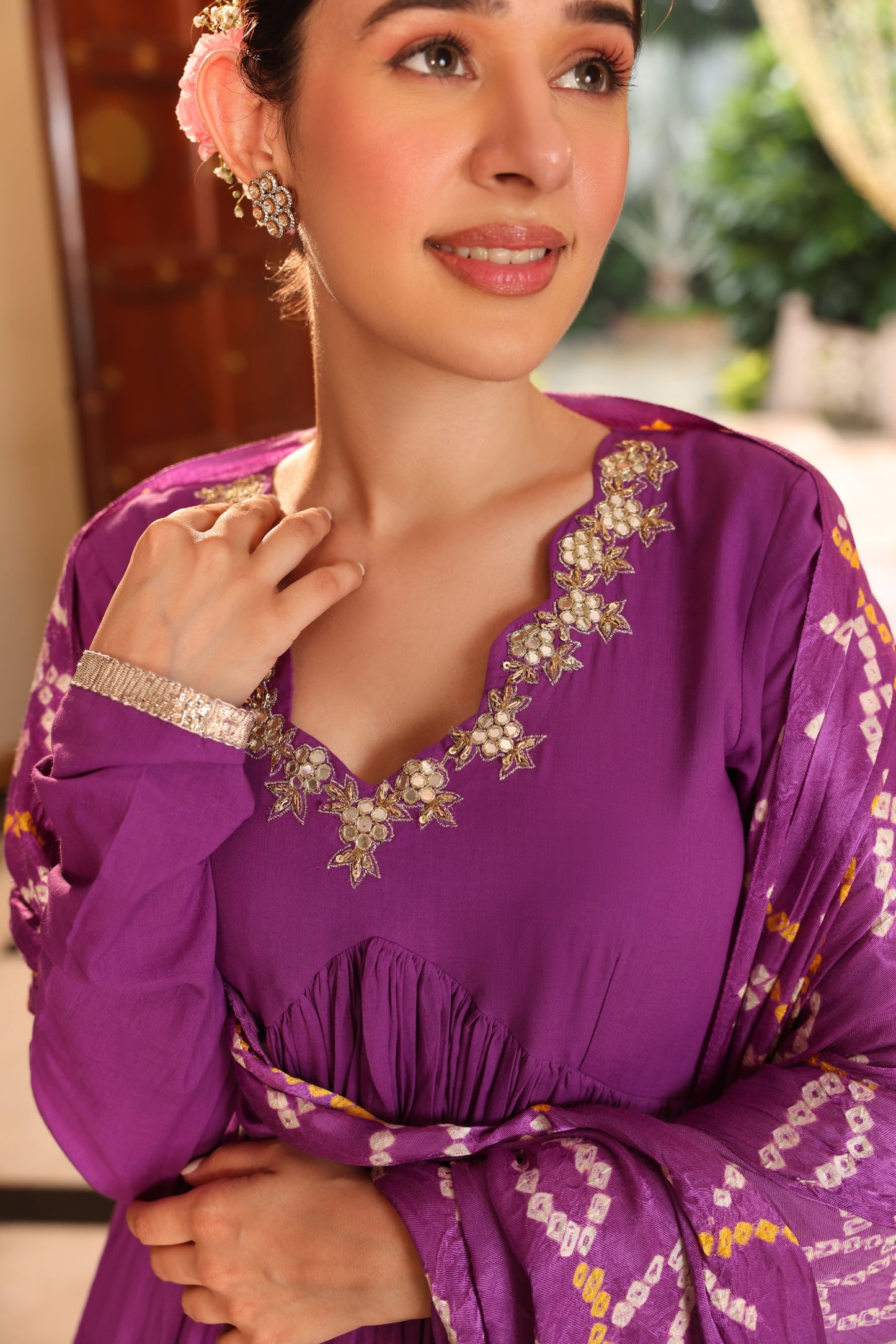 Dark Purple Bandhej Anarkali Suit Set