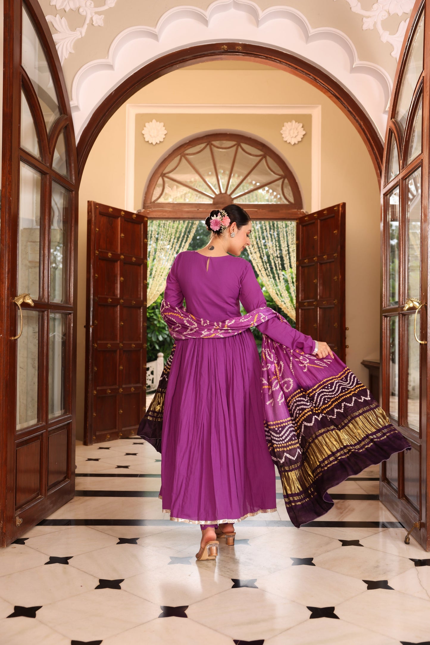 Dark Purple Bandhej Anarkali Suit Set