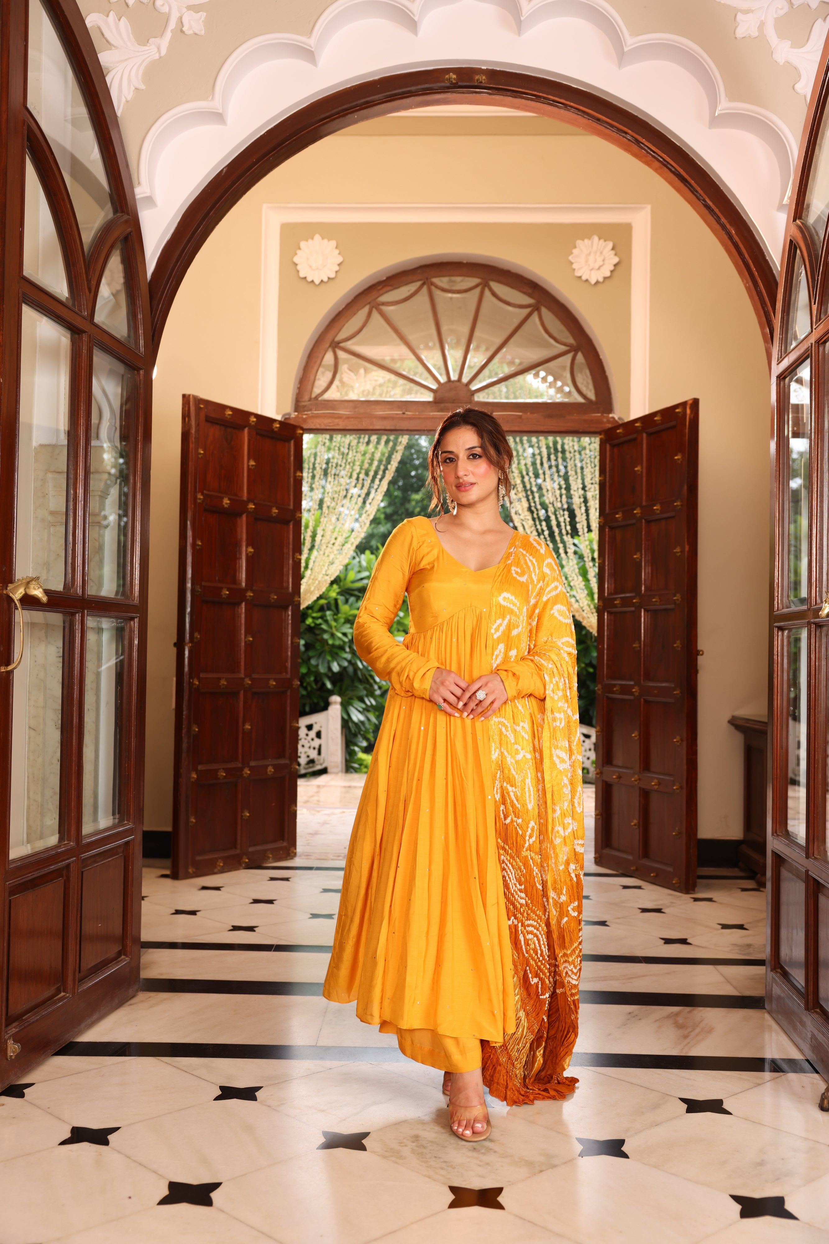Mustard Bandhej Anarkali Suit Set