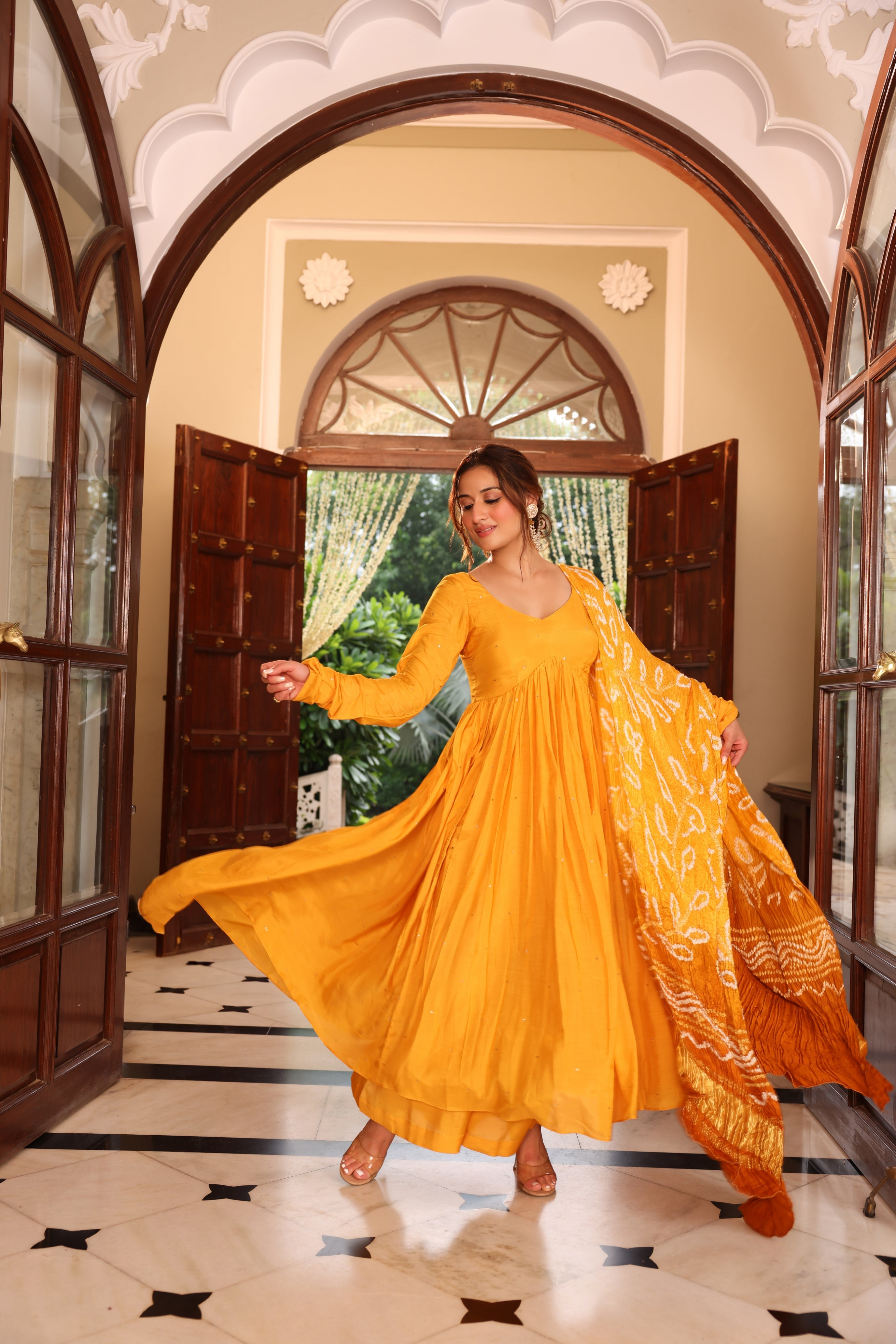 Mustard Bandhej Anarkali Suit Set