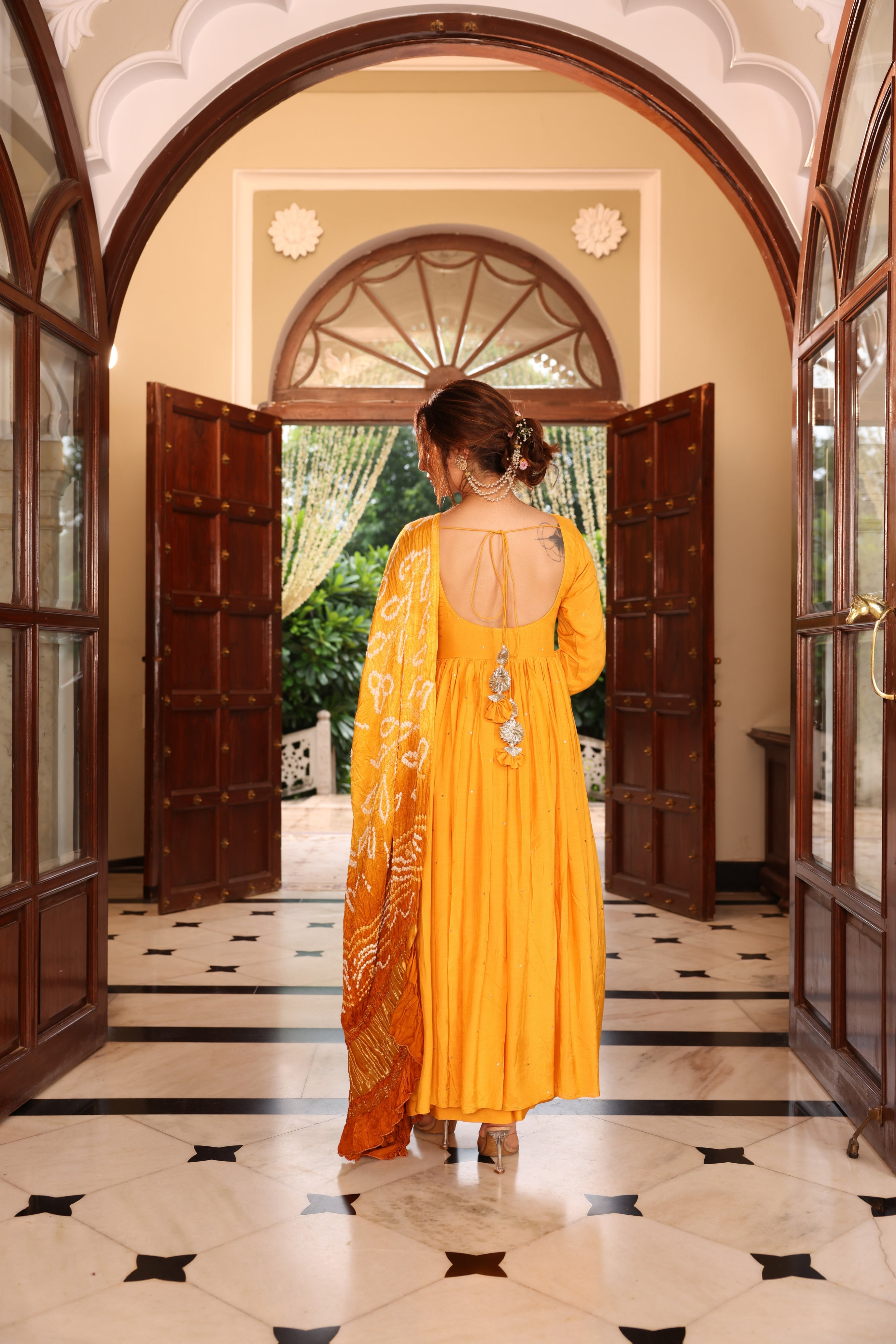 Mustard Bandhej Anarkali Suit Set